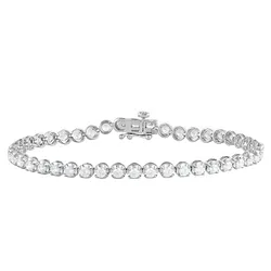 Silver bracelet featuring a line of round, clear gemstones set in a delicate, clasped chain.