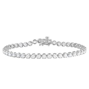 Silver bracelet featuring a line of round, clear gemstones set in a delicate, clasped chain.