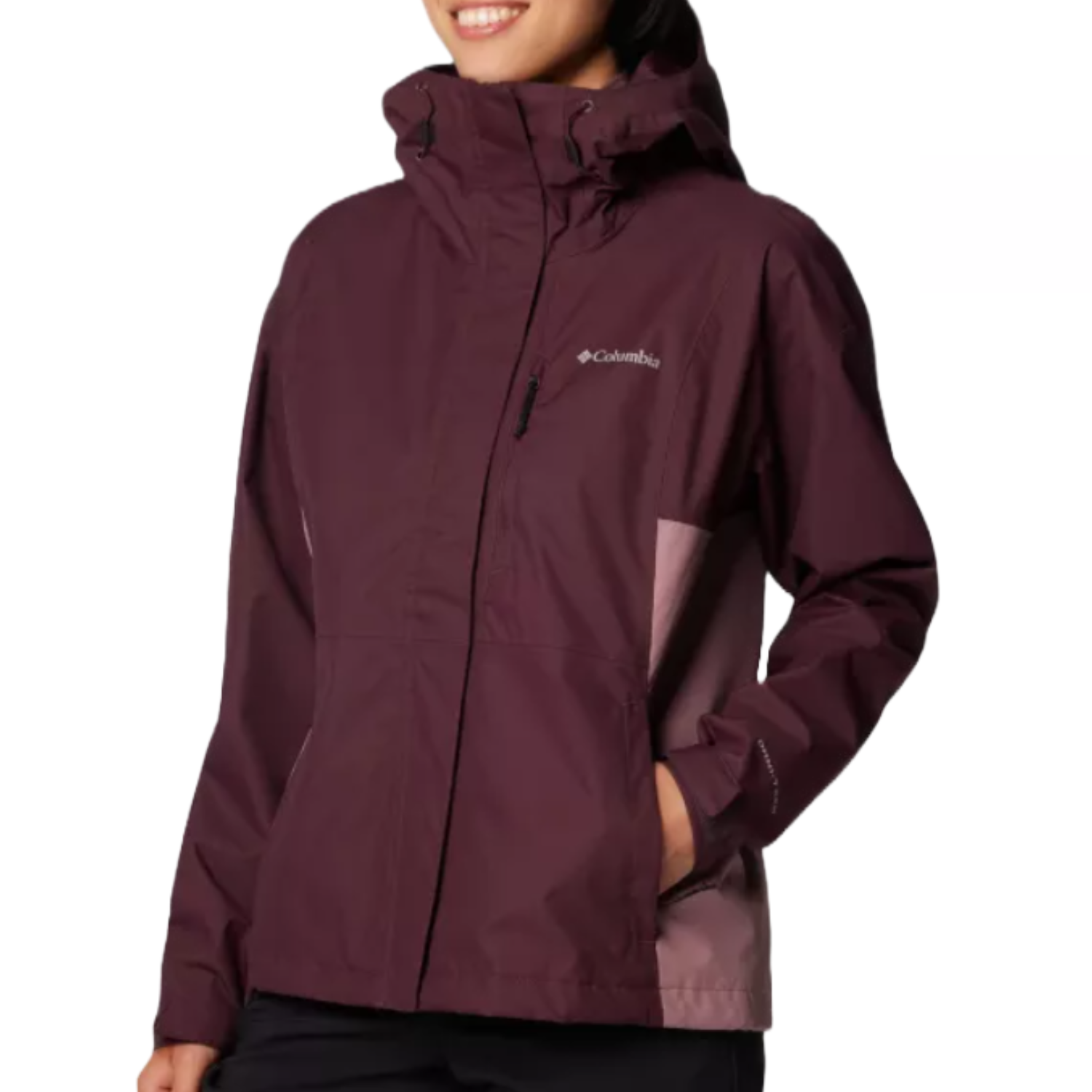 Columbia Hikebound Jacket in maroon features a high collar, zippered front, zippered chest pocket, and adjustable hood. It's designed for outdoor weather protection with lightweight, water-resistant material.