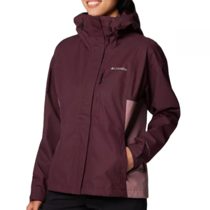 Columbia Hikebound Jacket in maroon features a high collar, zippered front, zippered chest pocket, and adjustable hood. It's designed for outdoor weather protection with lightweight, water-resistant material.