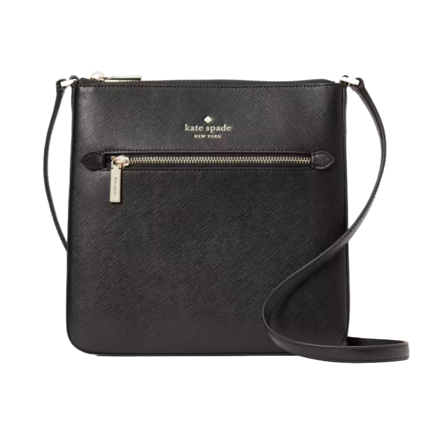 A black Kate Spade New York crossbody bag with gold-tone hardware, featuring a zippered front pocket and an adjustable strap.