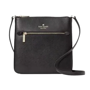 A black Kate Spade New York crossbody bag with gold-tone hardware, featuring a zippered front pocket and an adjustable strap.