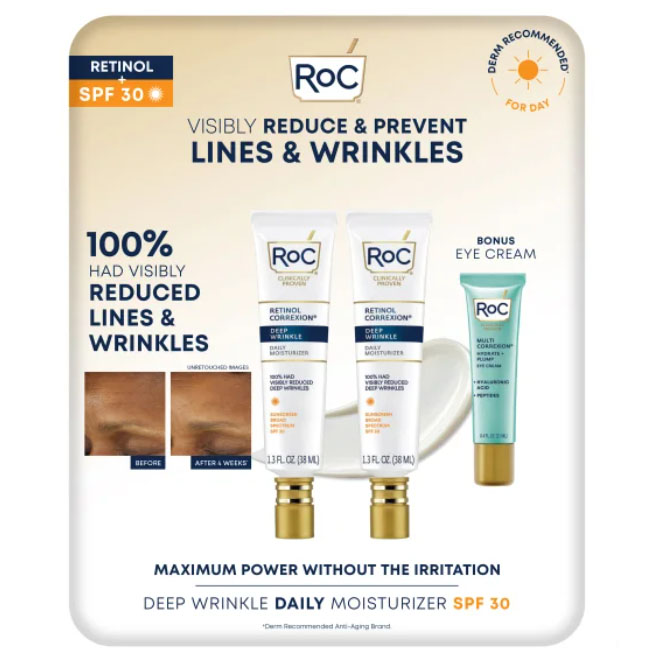 RoC Retinol Value Pack includes two 1.1 oz tubes of Retinol Correxion Deep Wrinkle Daily Moisturizer with SPF 30 and a bonus eye cream. It's designed to visibly reduce and prevent lines and wrinkles.