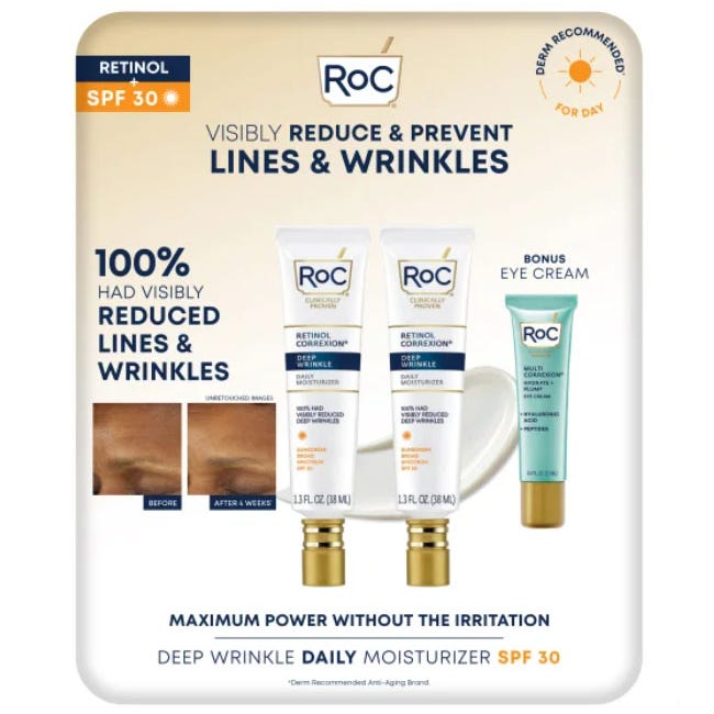 RoC Retinol Value Pack includes two 1.1 oz tubes of Retinol Correxion Deep Wrinkle Daily Moisturizer with SPF 30 and a bonus eye cream. It's designed to visibly reduce and prevent lines and wrinkles.