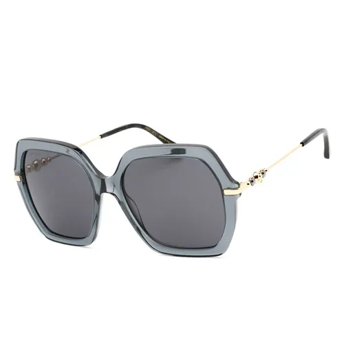 The Jimmy Choo Esther Sunglasses feature oversized square frames with dark gray lenses, blue-gray rim, and gold-toned arms adorned with decorative accents, offering a bold and stylish look.
