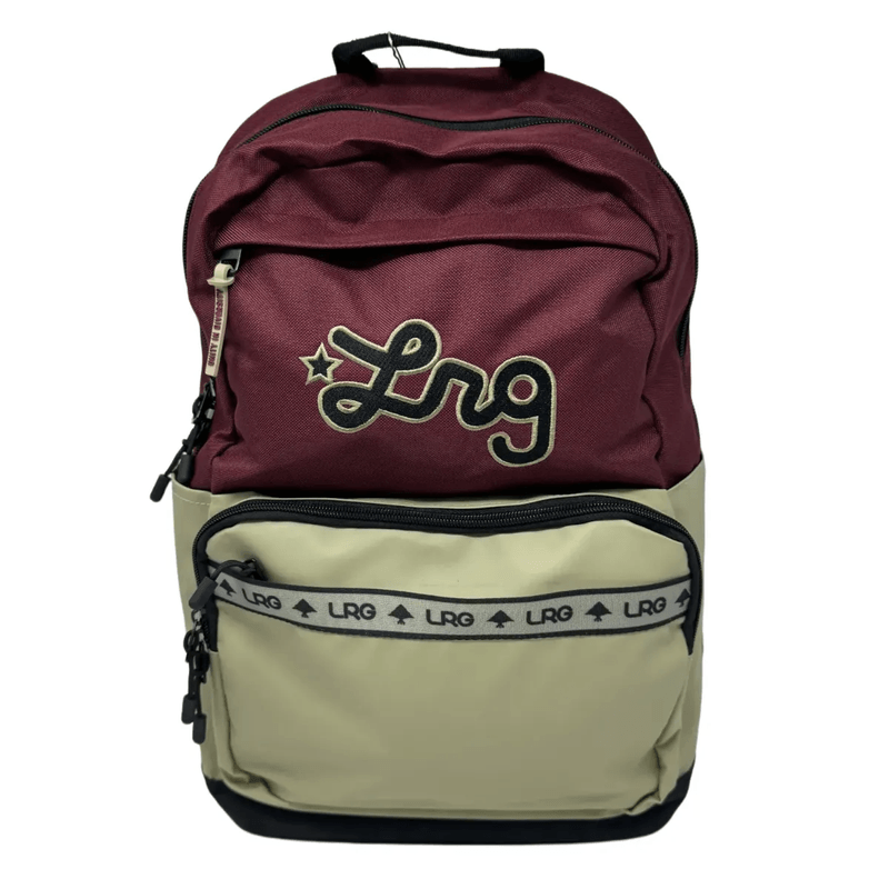 Two-tone backpack with maroon upper and beige lower, featuring the LRG logo in script on the top front and smaller logos on bottom pocket trim.