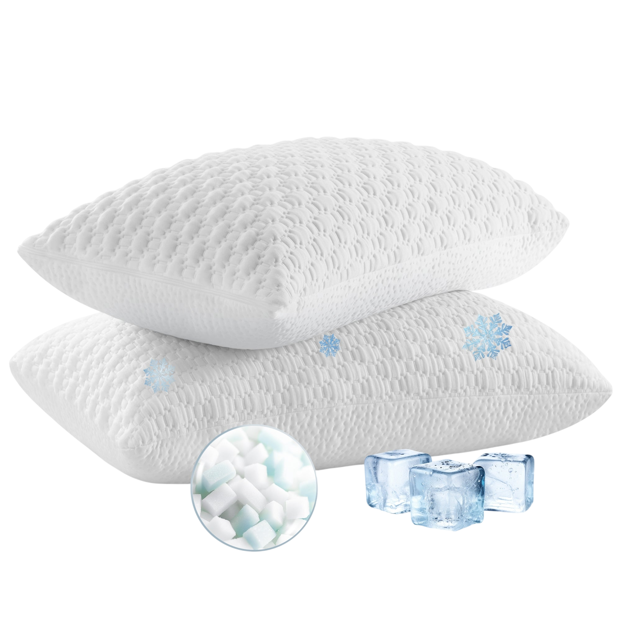 Two textured white pillows are depicted with snowflakes, suggesting cooling properties. Ice cubes and a close-up of filling material are shown, emphasizing cooling technology.