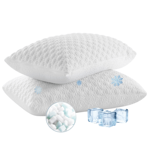Two textured white pillows are depicted with snowflakes, suggesting cooling properties. Ice cubes and a close-up of filling material are shown, emphasizing cooling technology.
