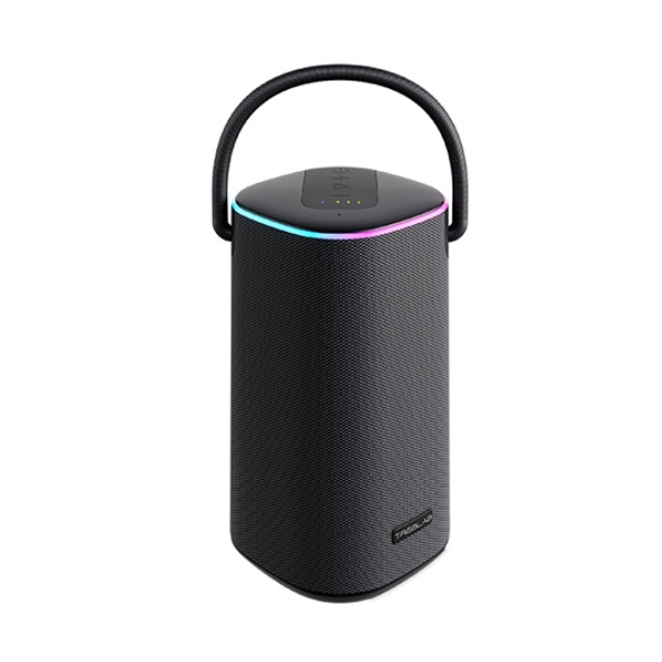 A portable Treblab Bluetooth speaker with a cylindrical shape, fabric exterior, top handle, and LED light ring around the top edge for illumination or decoration.