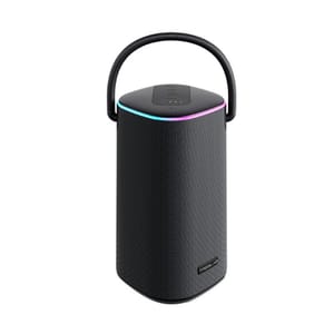A portable Treblab Bluetooth speaker with a cylindrical shape, fabric exterior, top handle, and LED light ring around the top edge for illumination or decoration.