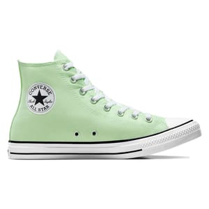 A mint green Converse Chuck Taylor All Star high-top sneaker with white laces, white rubber toe cap, and black-striped white rubber sole.