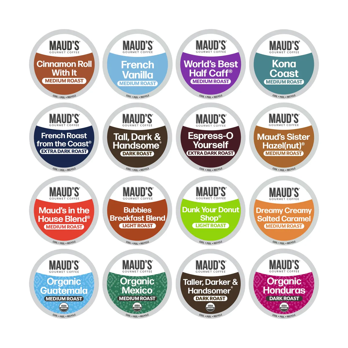 A selection of Maud's Gourmet Coffee pods features 16 flavors, including Cinnamon Roll With It, French Vanilla, Kona Coast, Espresso-O Yourself, Maud's Sister Hazelnut, and Organic Guatemala. Roasts range from light to extra dark.