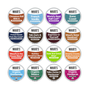 A selection of Maud's Gourmet Coffee pods features 16 flavors, including Cinnamon Roll With It, French Vanilla, Kona Coast, Espresso-O Yourself, Maud's Sister Hazelnut, and Organic Guatemala. Roasts range from light to extra dark.