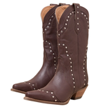 Brown leather cowboy boots with silver stud accents and a mid-height, angled wood heel.