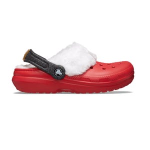 Red slip-on clog with perforated toe box, fluffy white lining, and a black strap with glitter.