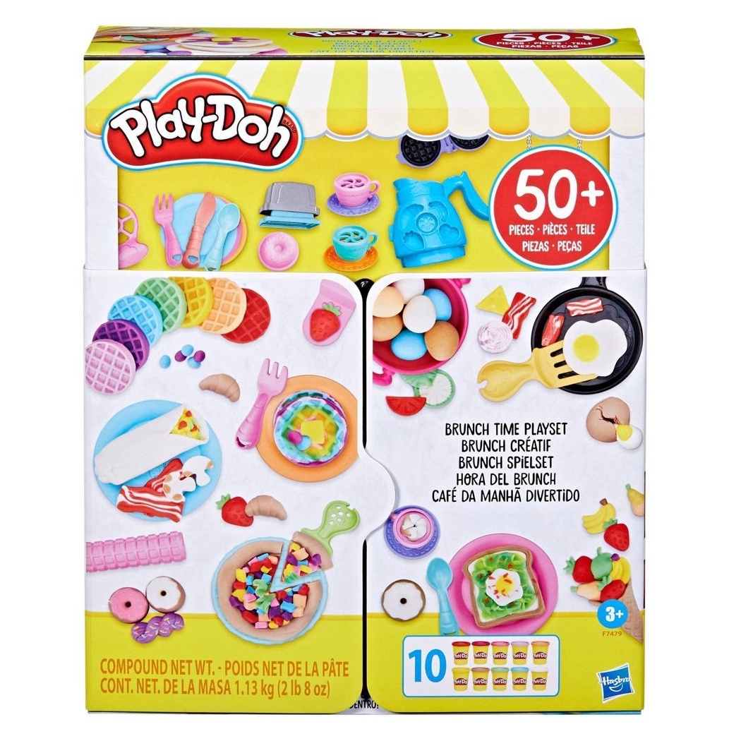 Play-Doh Brunch Playset includes over 50 pieces to create brunch-themed items like waffles, eggs, and pastries. It features vibrant molds, utensils, and 10 cans of colorful Play-Doh for imaginative play. Suitable for ages 3 and up.
