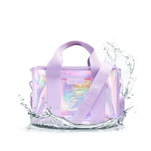 A holographic, iridescent cooler bag with lilac handles and Case-Mate branding is shown, splashing in water, indicating water resistance.