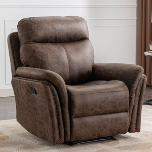 A brown leather recliner chair with studded detailing and plush cushioning, designed for comfort and relaxation in a modern living space.