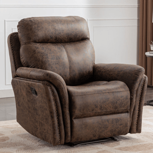 A brown leather recliner chair with studded detailing and plush cushioning, designed for comfort and relaxation in a modern living space.