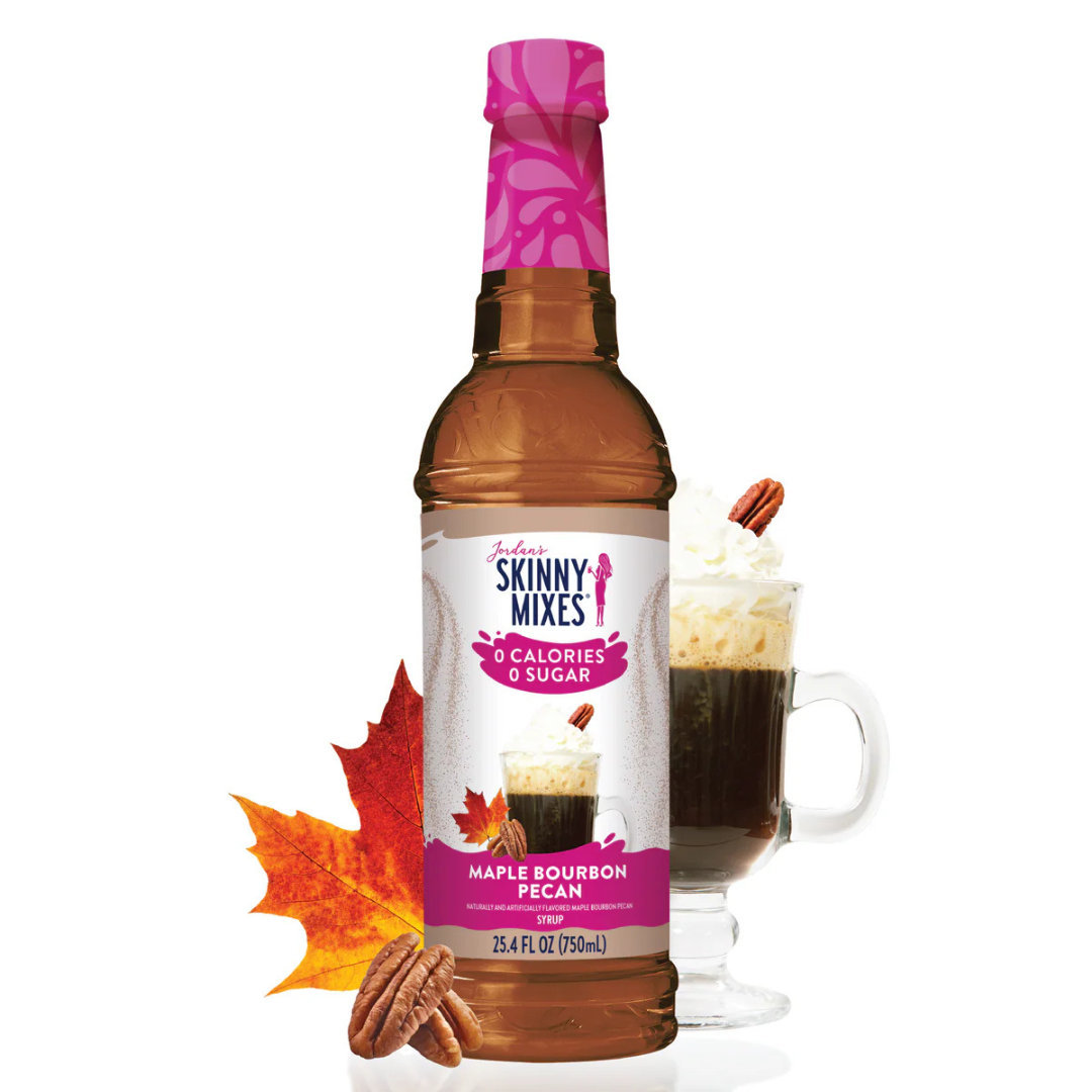 Jordan's Skinny Mixes Maple Bourbon Pecan syrup, featuring 0 calories and 0 sugar, is shown alongside a beverage with whipped cream and pecans.