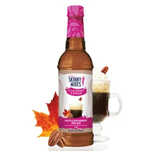 Jordan's Skinny Mixes Maple Bourbon Pecan syrup, featuring 0 calories and 0 sugar, is shown alongside a beverage with whipped cream and pecans.