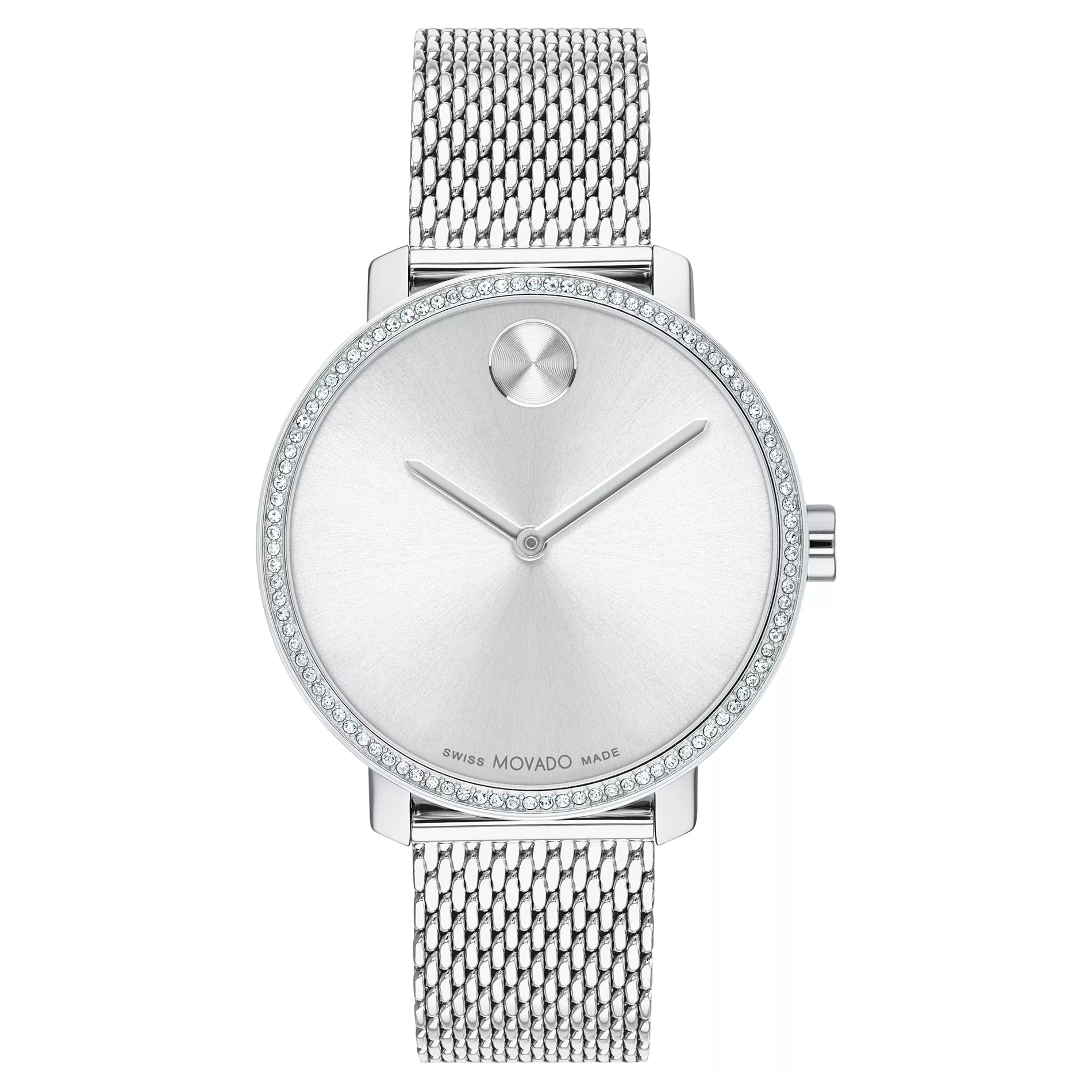 Silver watch with a minimalist design featuring a round case, diamond-accented bezel, two hands, and no numerals, paired with a mesh bracelet.