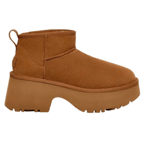 Brown ankle-high boot with a chunky platform heel and textured sole, featuring a back pull tab and visible stitching.