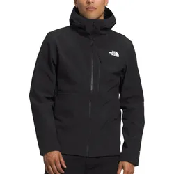 A black softshell jacket with a hood featuring the North Face logo on the chest. The design includes a front zipper and a zippered chest pocket.