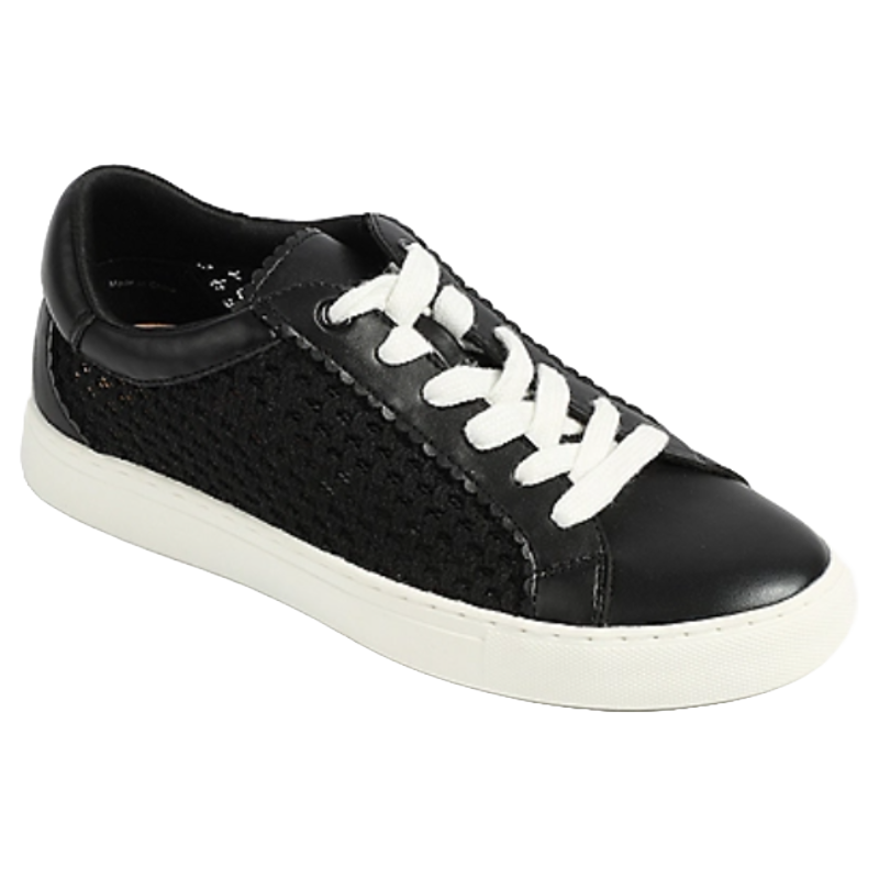 Black sneaker with a woven texture and white laces, featuring a white rubber sole.