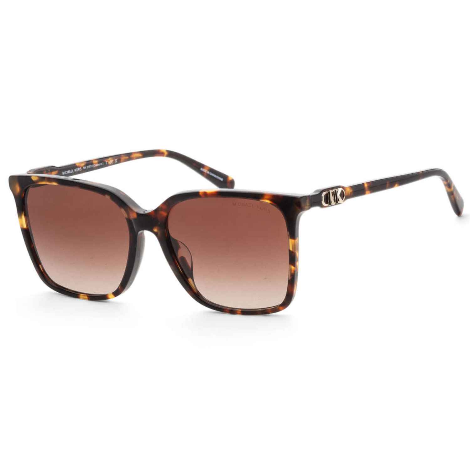 Tortoise-shell square sunglasses with gradient brown lenses, featuring a gold MK logo on the temples, designed by Michael Kors.