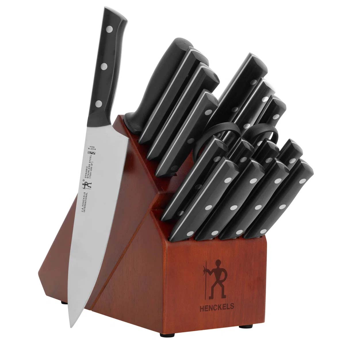 Knife block set featuring multiple knives with black handles, including a chef's knife, along with kitchen shears, secured in a wooden block marked \“Henckels.\“