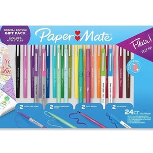 Paper Mate Flair Felt Tip Pens Special Edition Gift Pack includes 24 pens with 4 tip styles: 16 medium, 2 ultra fine, 2 scented medium, 2 dual brush, and 2 bold point.