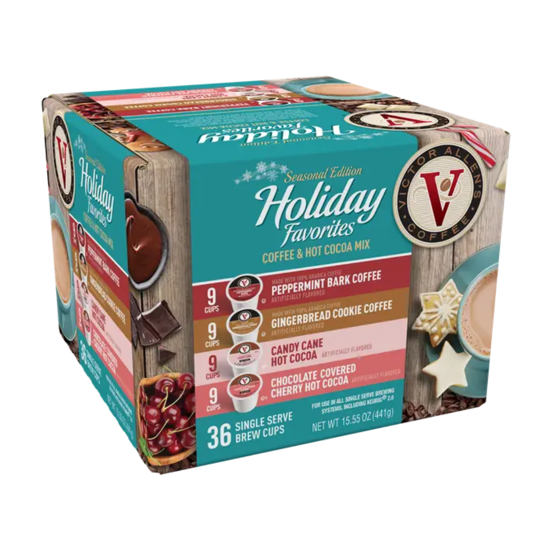 Victors Allen’s 36ct Holiday Favorites Variety Pack includes 9 cups each of Peppermint Bark Coffee, Gingerbread Cookie Coffee, Candy Cane Hot Cocoa, and Chocolate Covered Cherry Hot Cocoa.