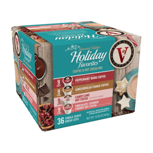 Victors Allen’s 36ct Holiday Favorites Variety Pack includes 9 cups each of Peppermint Bark Coffee, Gingerbread Cookie Coffee, Candy Cane Hot Cocoa, and Chocolate Covered Cherry Hot Cocoa.