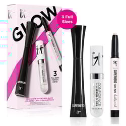 The 3-piece IT Cosmetics set includes full-size Superhero Mascara, Confidence in a Serum Gloss, and Superhero No-Tug Shadow Stick, designed to enhance eyes and lips with a focus on effortless glow.