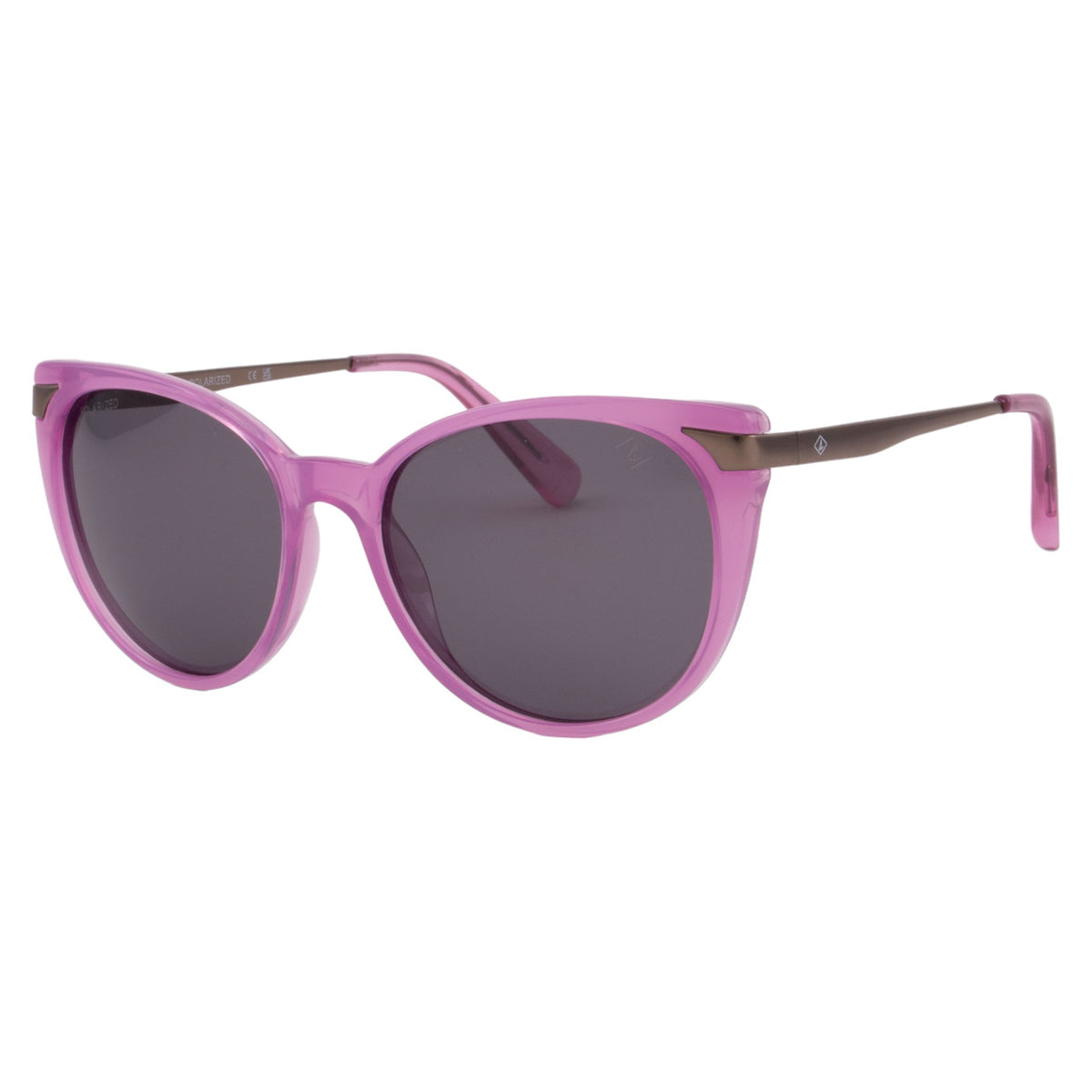 Pink sunglasses with round lenses and metal arms.