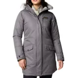 Gray Columbia Suttle Mountain Long Jacket featuring a hood with faux fur trim, two large front pockets with button flaps, and a zippered chest pocket. It is designed for warmth and comfort in cold weather.