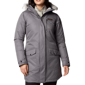 Gray Columbia Suttle Mountain Long Jacket featuring a hood with faux fur trim, two large front pockets with button flaps, and a zippered chest pocket. It is designed for warmth and comfort in cold weather.