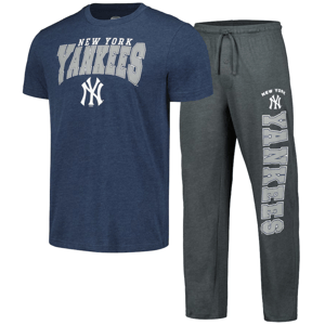 Navy blue New York Yankees T-shirt and gray sweatpants with team logos.