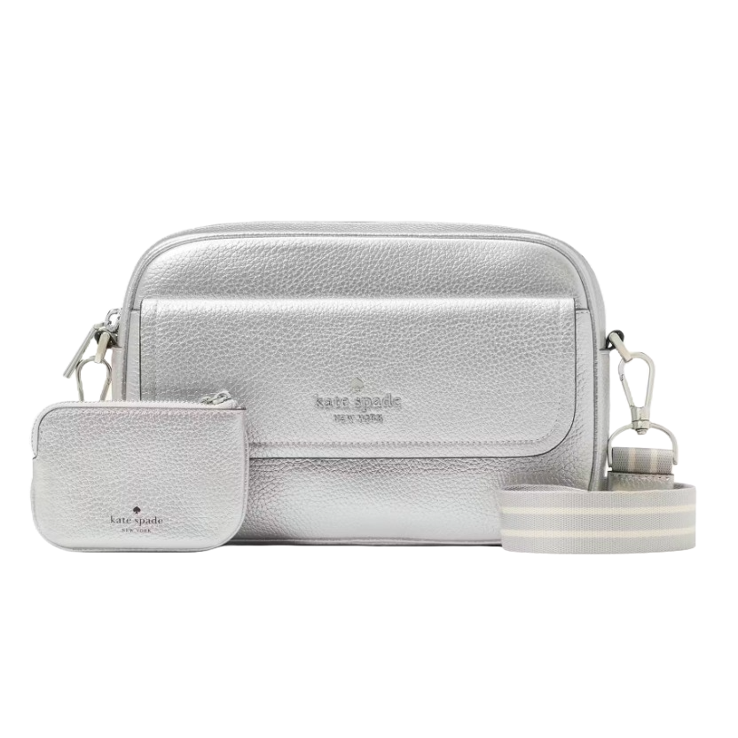 A metallic silver Kate Spade leather crossbody bag features a front flap pocket, and comes with a matching small pouch. It includes a detachable striped shoulder strap and a mini coin purse attachment.