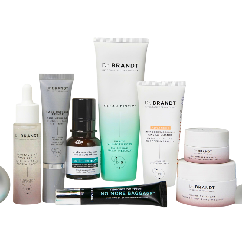 Dr. Brandt skincare products include Clean Biotic cleansing gel, Advanced Microdermabrasion exfoliator, Revitalizing Face Serum, Pore Refiner Primer, wrinkle smoothing cream, eye de-puffing gel, and firming day and eye creams.