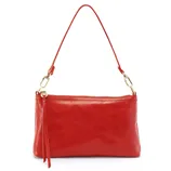 A red shoulder bag with gold hardware and a detachable strap.