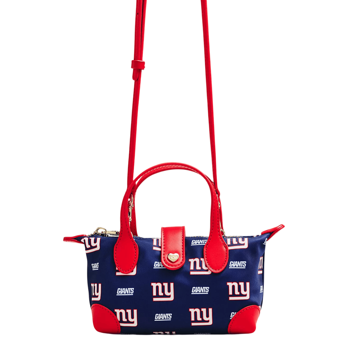 Small blue and red handbag featuring the New York Giants logo with adjustable strap and red handles.