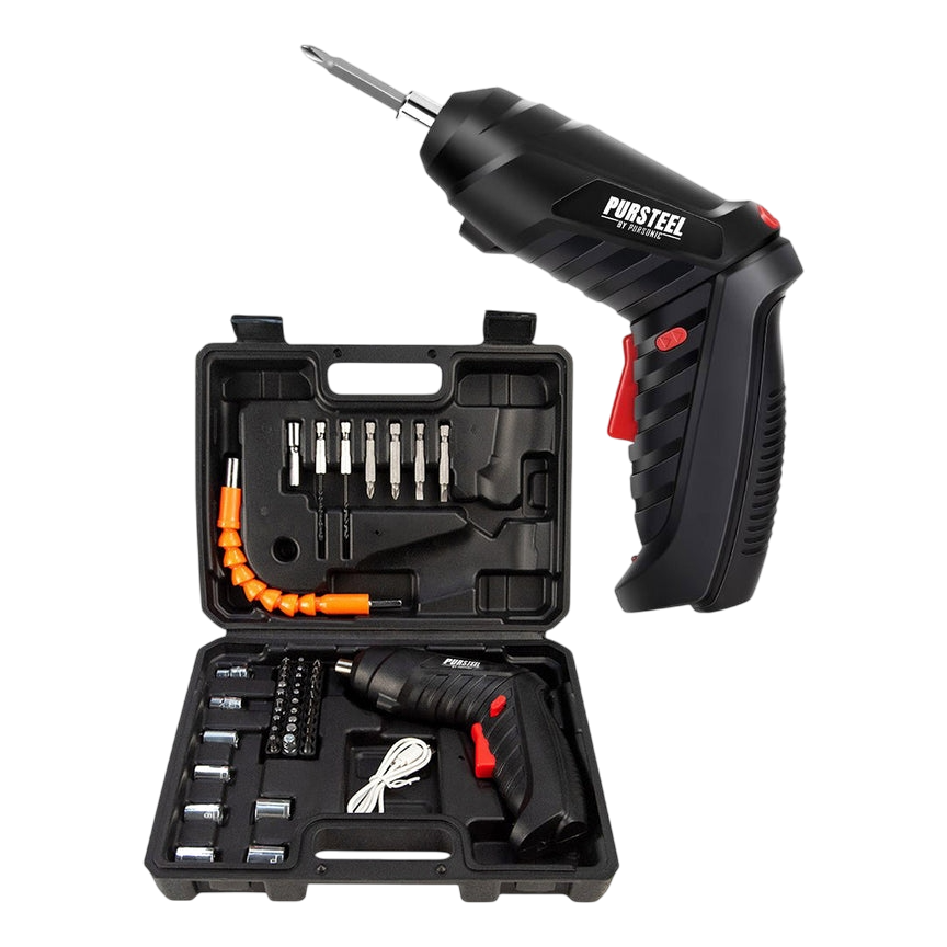 Cordless electric screwdriver set with a carrying case, featuring various bits, a flexible shaft, and a charging cable.