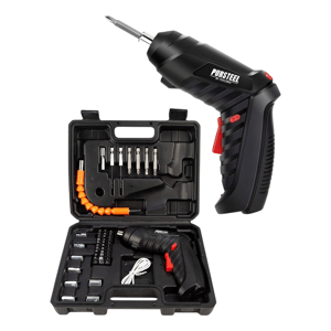 Cordless electric screwdriver set with a carrying case, featuring various bits, a flexible shaft, and a charging cable.
