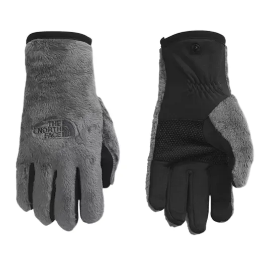 Gray fleece gloves with black accents, featuring The North Face logo. Designed with touchscreen-compatible fingertips and elastic cuffs for a secure fit.