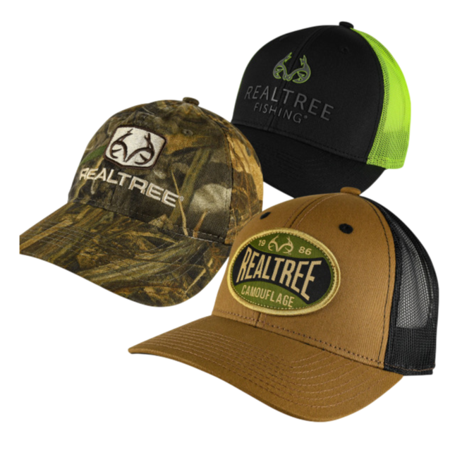 3-Pack Realtree hats featuring camouflage, black with green mesh, and brown with a Realtree patch.