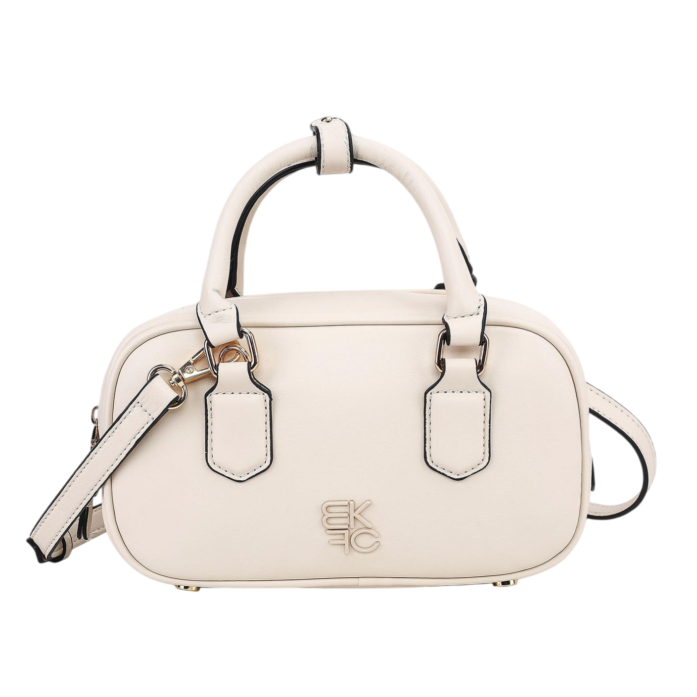 A small, white handbag with dual handles and an adjustable shoulder strap, featuring a logo design on the front.
