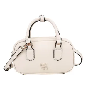 A small, white handbag with dual handles and an adjustable shoulder strap, featuring a logo design on the front.
