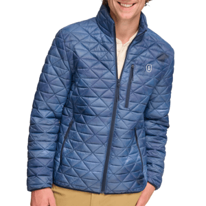 The Bass Outdoor Diamond Quilted Jacket is a blue, quilted, zip-up jacket featuring a stand-up collar, zippered chest pocket, and two side pockets.